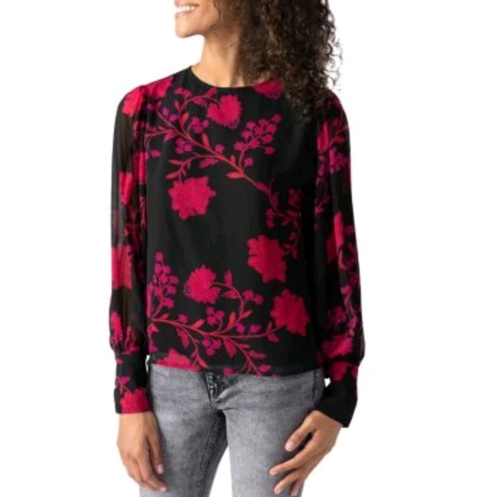 Sanctuary 1X Floral Blouse Bishop Puff Slv Sheer Overlay Lined Colorful Career